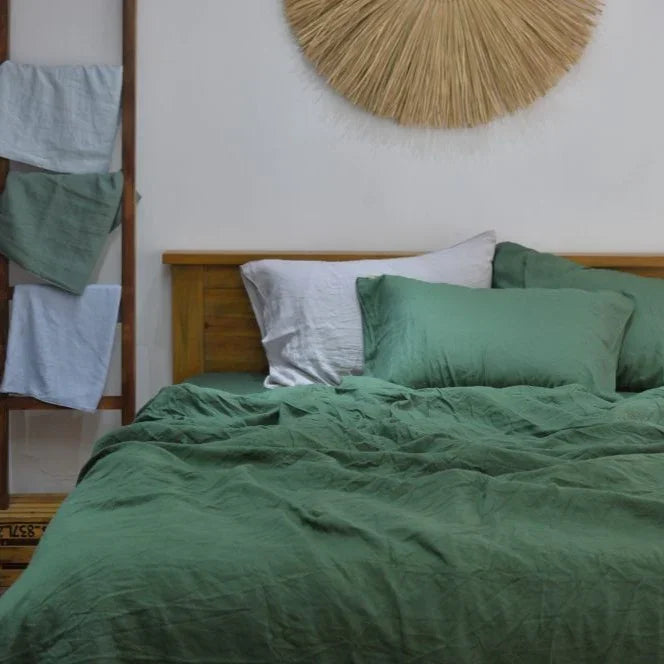 Pine Green Bamboo Linen Duvet Cover Set – 4-Piece | 45% Linen 55% Bamboo Rayon