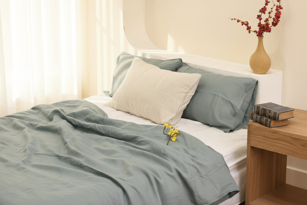 Aegean blue bamboo linen duvet cover set on a bed, 45% linen 55% bamboo rayon, breathable - SCANDALINEN