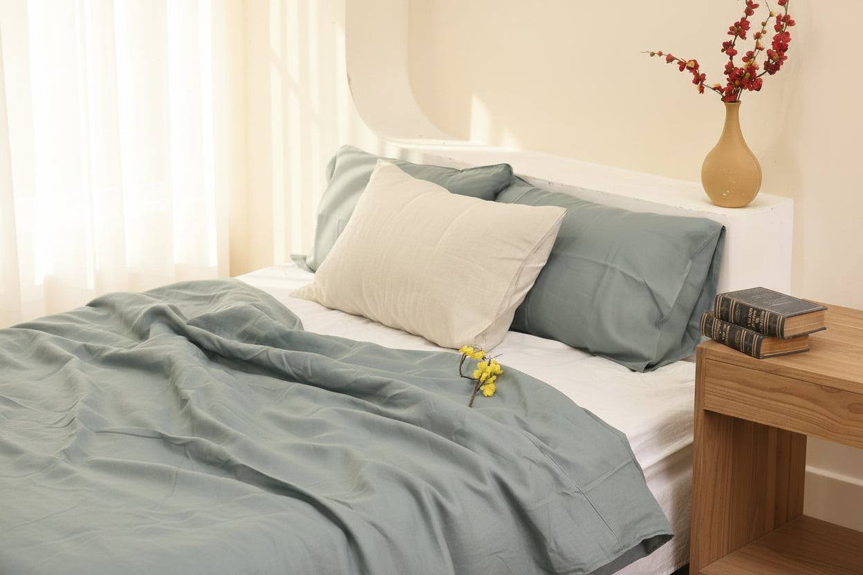 Aegean blue bamboo linen duvet cover set on a bed, 45% linen 55% bamboo rayon, breathable - SCANDALINEN