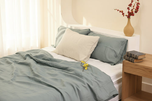 Aegean blue bamboo linen duvet cover set on a bed, 45% linen 55% bamboo rayon, breathable - SCANDALINEN