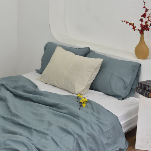 Aegean blue bamboo linen duvet cover on a bed, 45% linen 55% bamboo rayon, breathable - SCANDALINEN