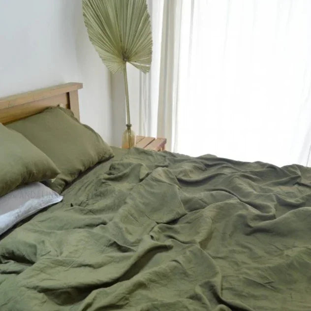 Seaweed Green Bamboo Linen Duvet Cover Set – 4-Piece | 45% Linen 55% Bamboo Rayon