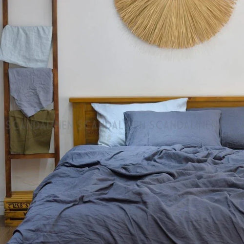 Aegean blue bamboo linen duvet cover set on a bed, 45% linen 55% bamboo rayon, breathable - SCANDALINEN