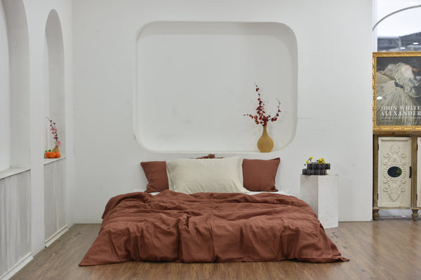 Brick bamboo linen duvet cover on a bed, 45% linen 55% bamboo rayon - SCANDALINEN