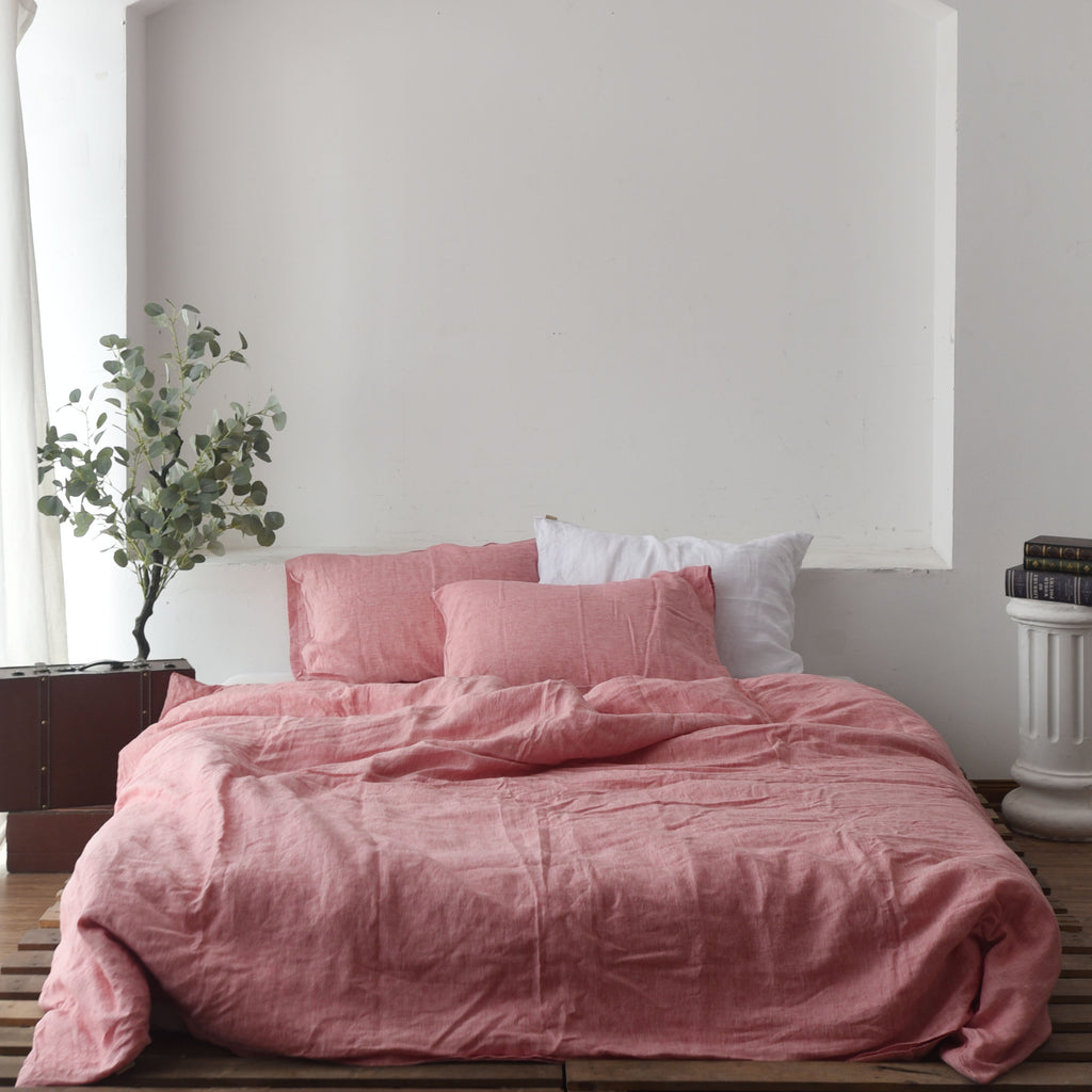 Red Pink French Linen 4-Piece Duvet Cover Set | Yarn-Dyed | Handmade