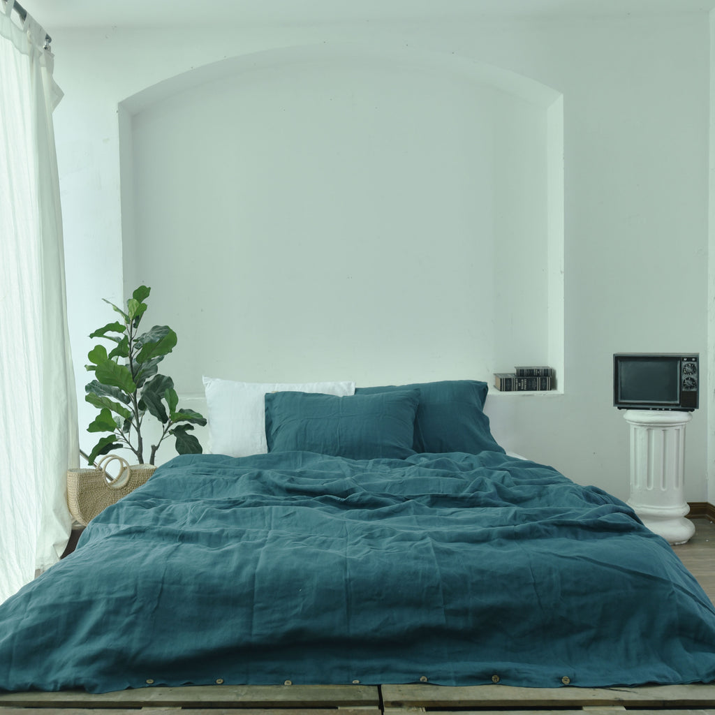 Azure Blue French Linen Duvet Cover Set - Soft & Breathable 4-Piece