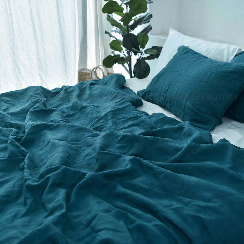Azure Blue French Linen Duvet Cover Set - Soft & Breathable 4-Piece