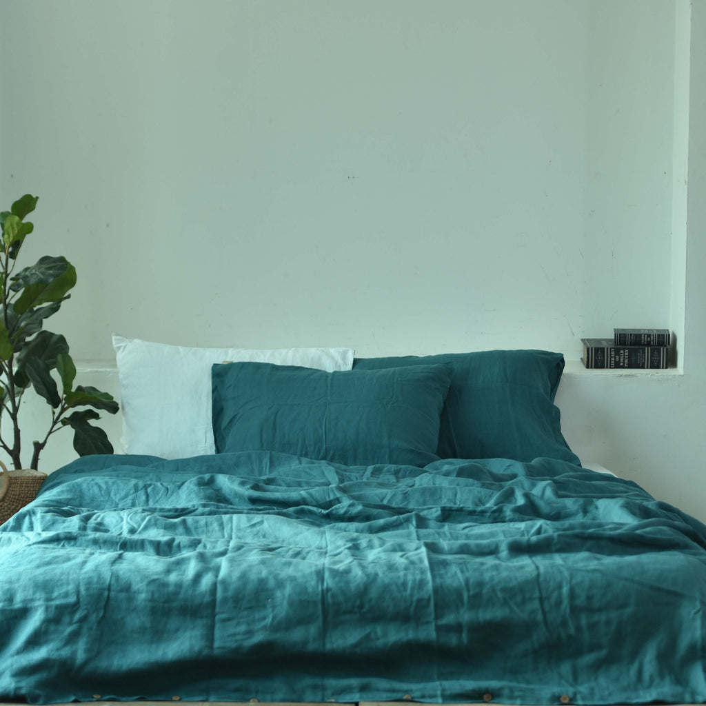 Azure Blue French Linen Duvet Cover Set - Soft & Breathable 4-Piece