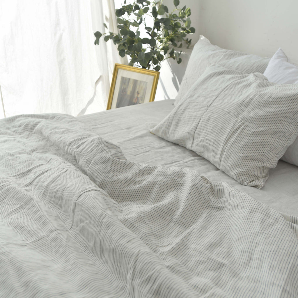 Striped Black French Linen Fitted Sheet Set - Yarn-Dyed with 2 Pillowcases
