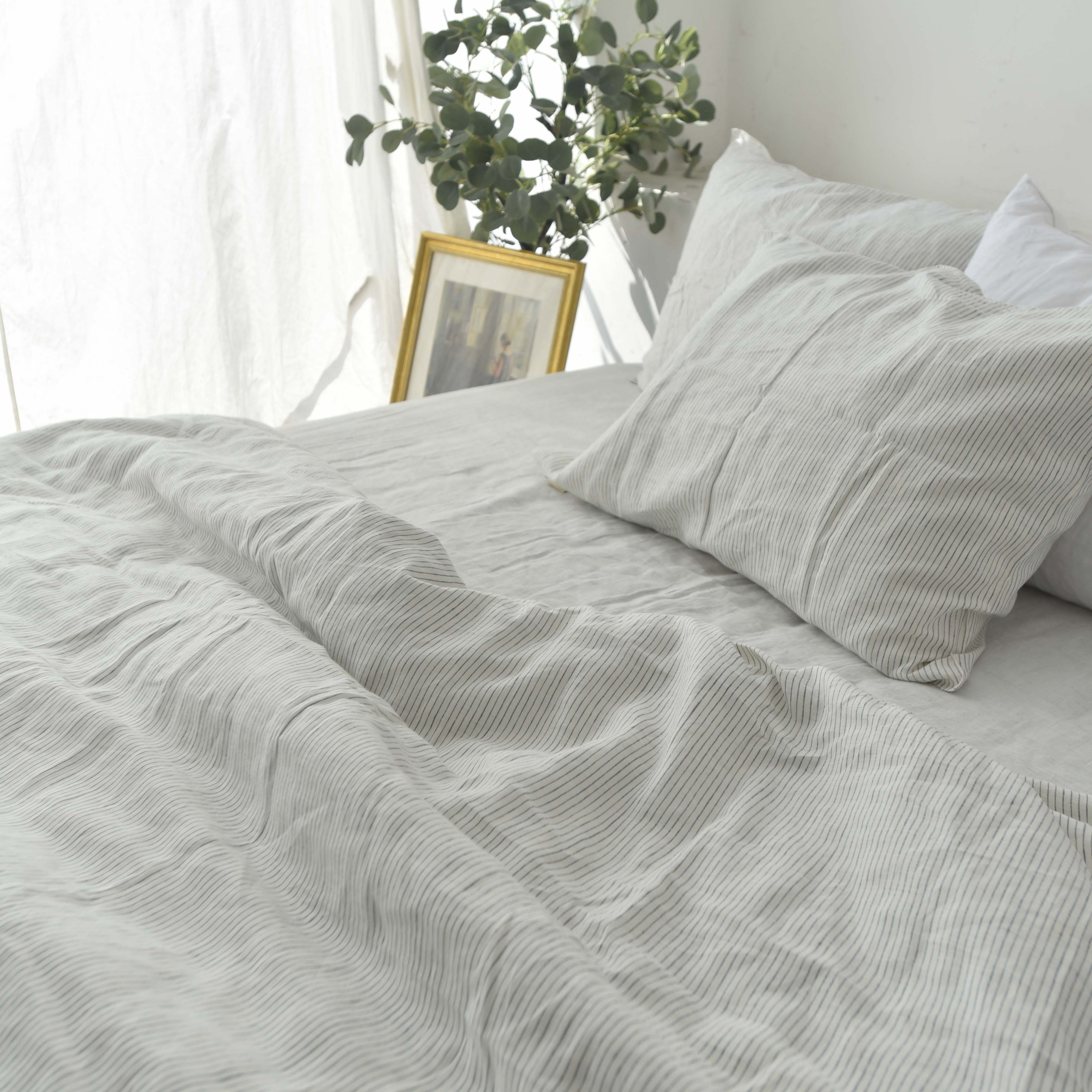 Striped Black French Linen Fitted Sheet Set - Yarn-Dyed with 2 Pillowcases