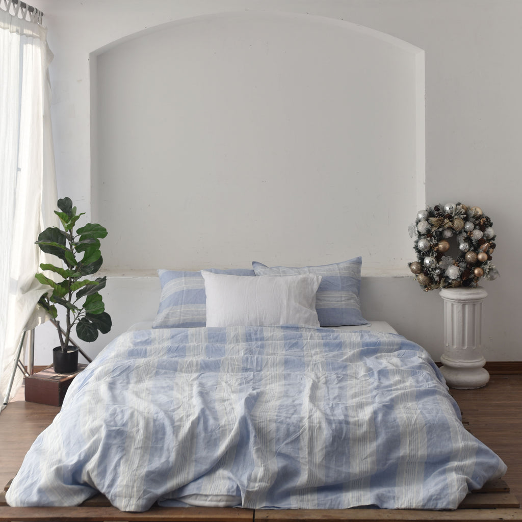 Blue Striped French Linen 4-Piece Duvet Cover Set | Yarn-Dyed | Handmade
