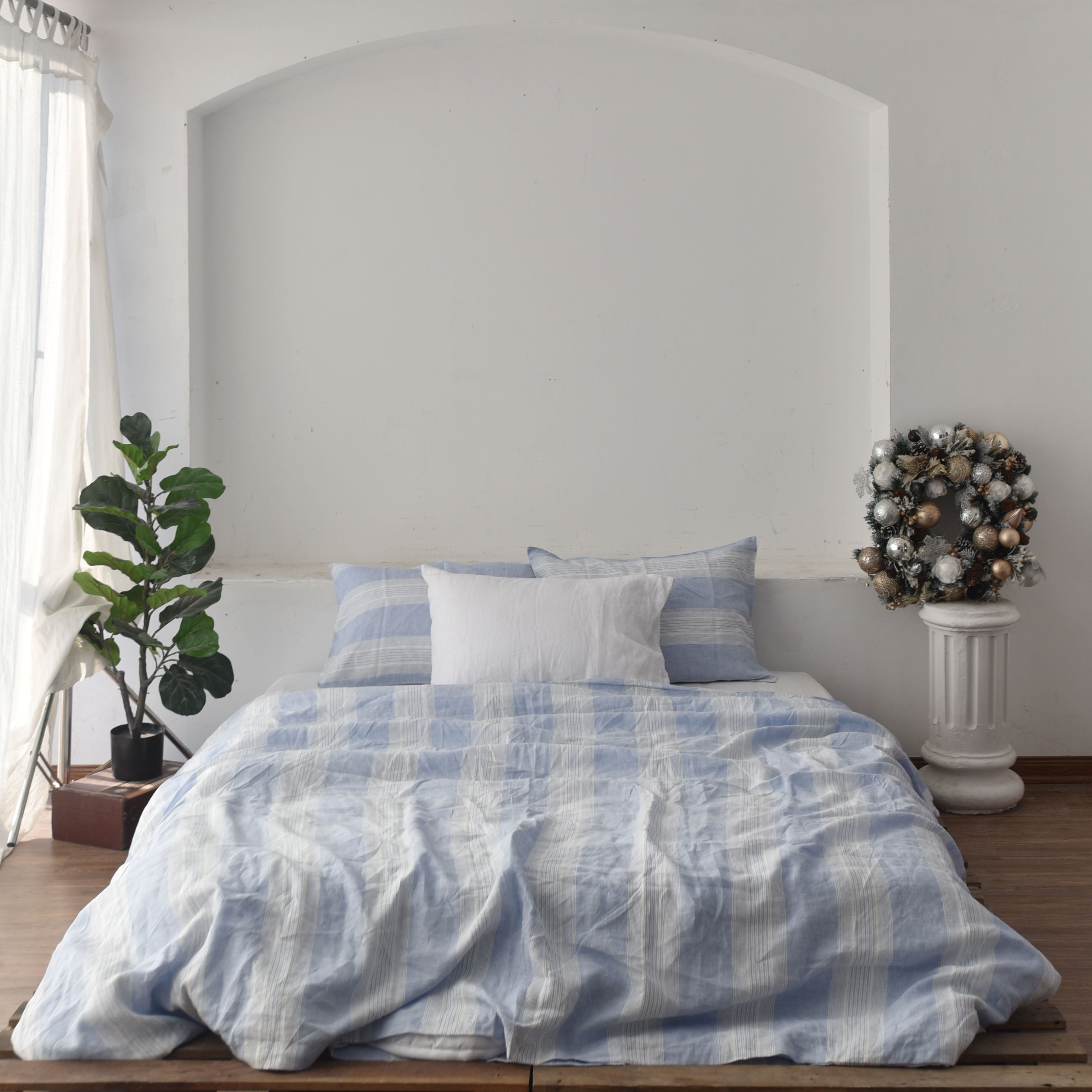 Blue Striped French Linen 4-Piece Duvet Cover Set | Yarn-Dyed | Handmade