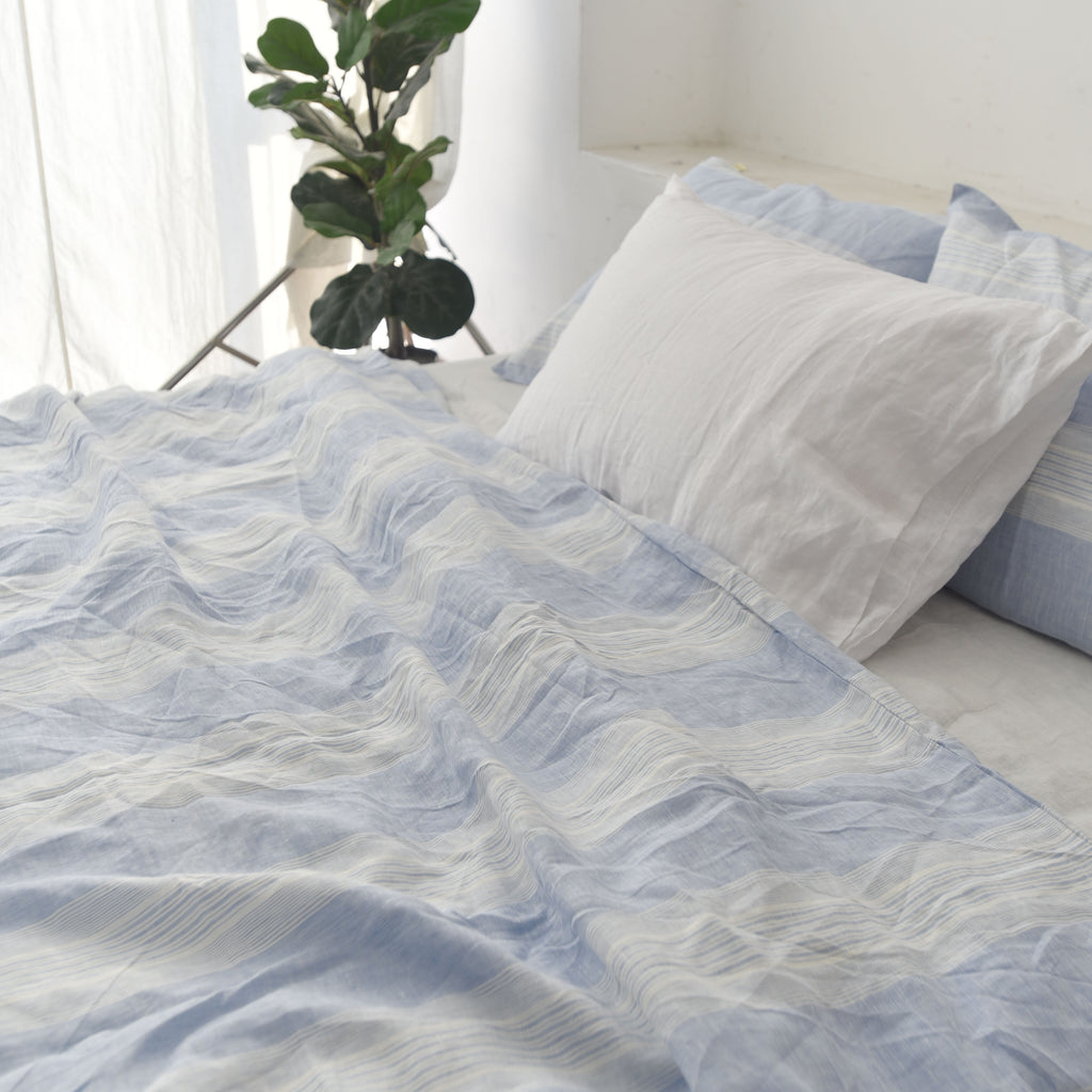 Striped Blue French Linen Fitted Sheet - Yarn-Dyed Deep Pocket