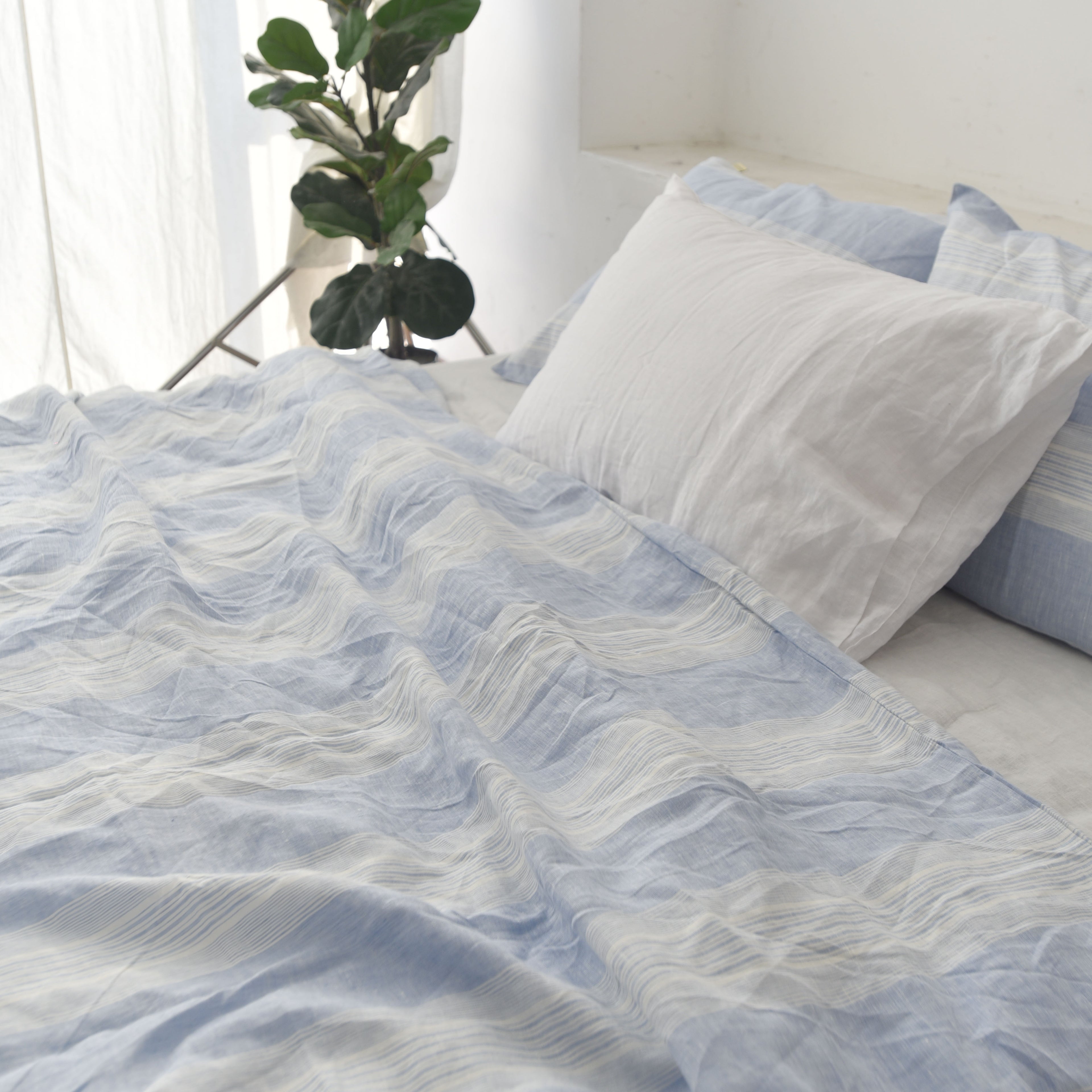 Striped Blue French Linen Fitted Sheet - Yarn-Dyed Deep Pocket