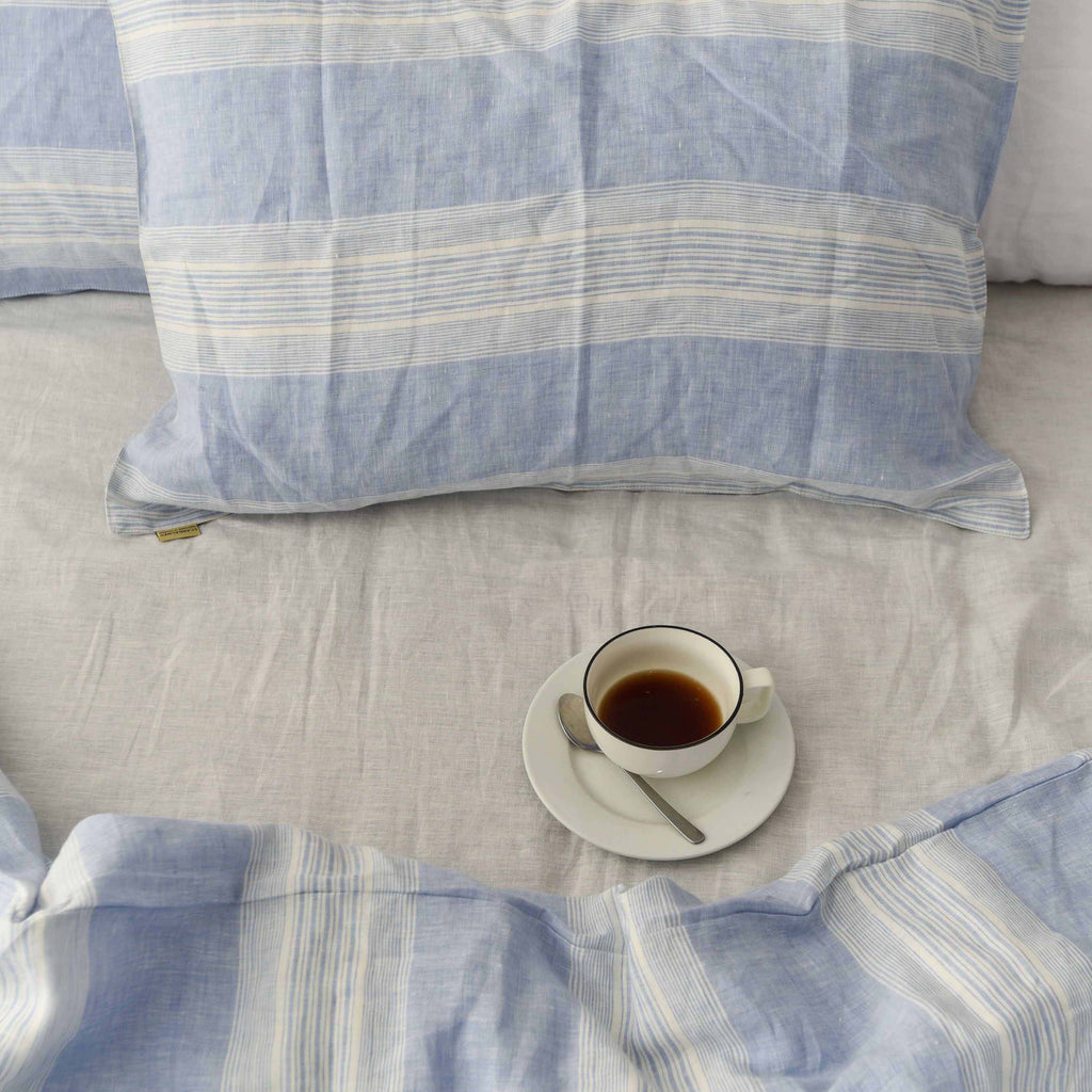 Blue Striped French Linen 4-Piece Duvet Cover Set | Yarn-Dyed | Handmade