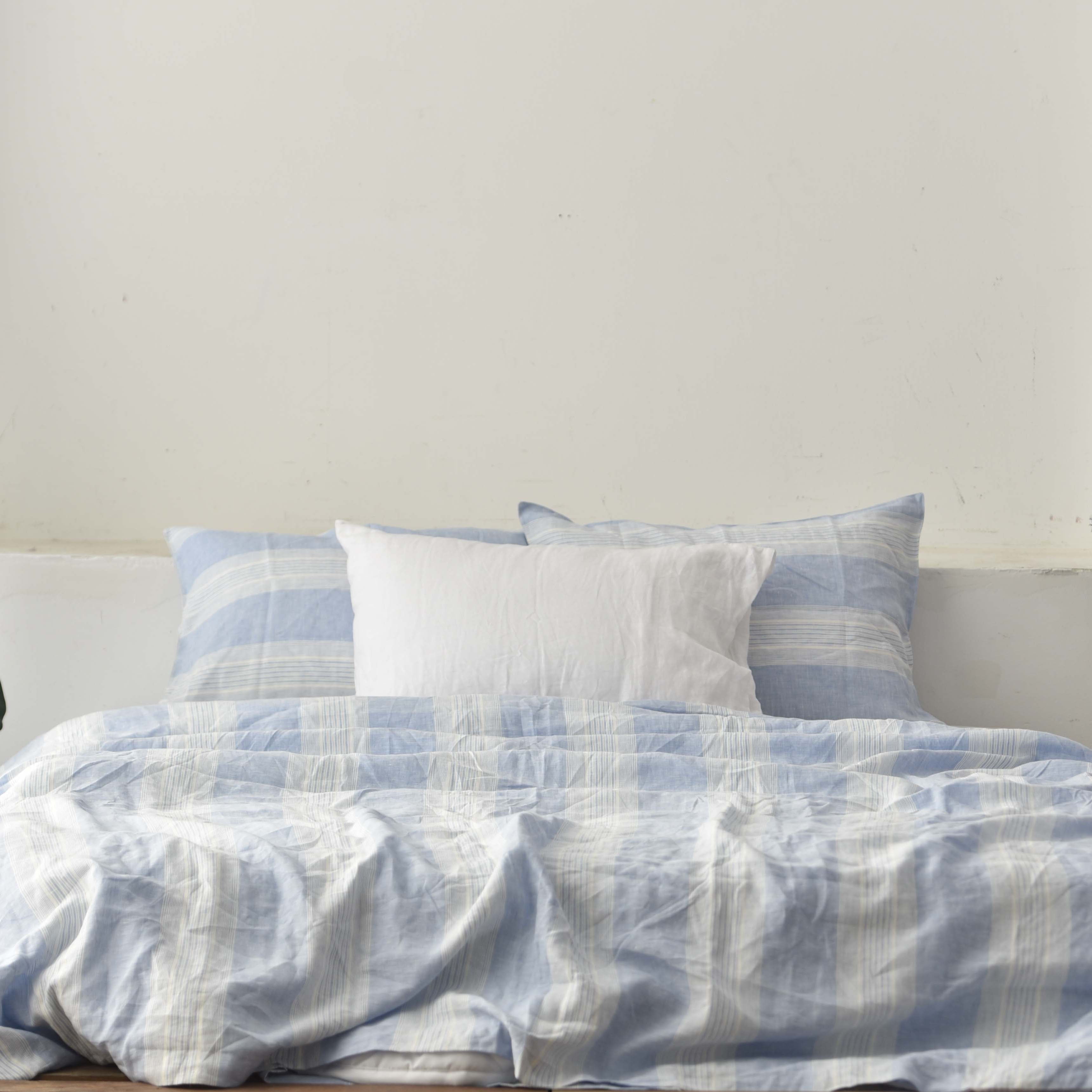 Striped Blue French Linen Fitted Sheet - Yarn-Dyed Deep Pocket