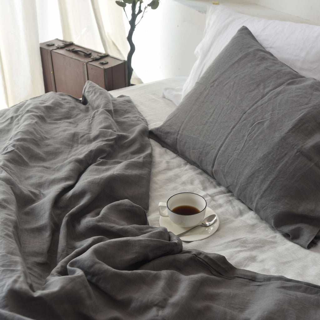 Charcoal Gray French Linen Fitted Sheet Set - Deep Pocket with 2 Pillowcases