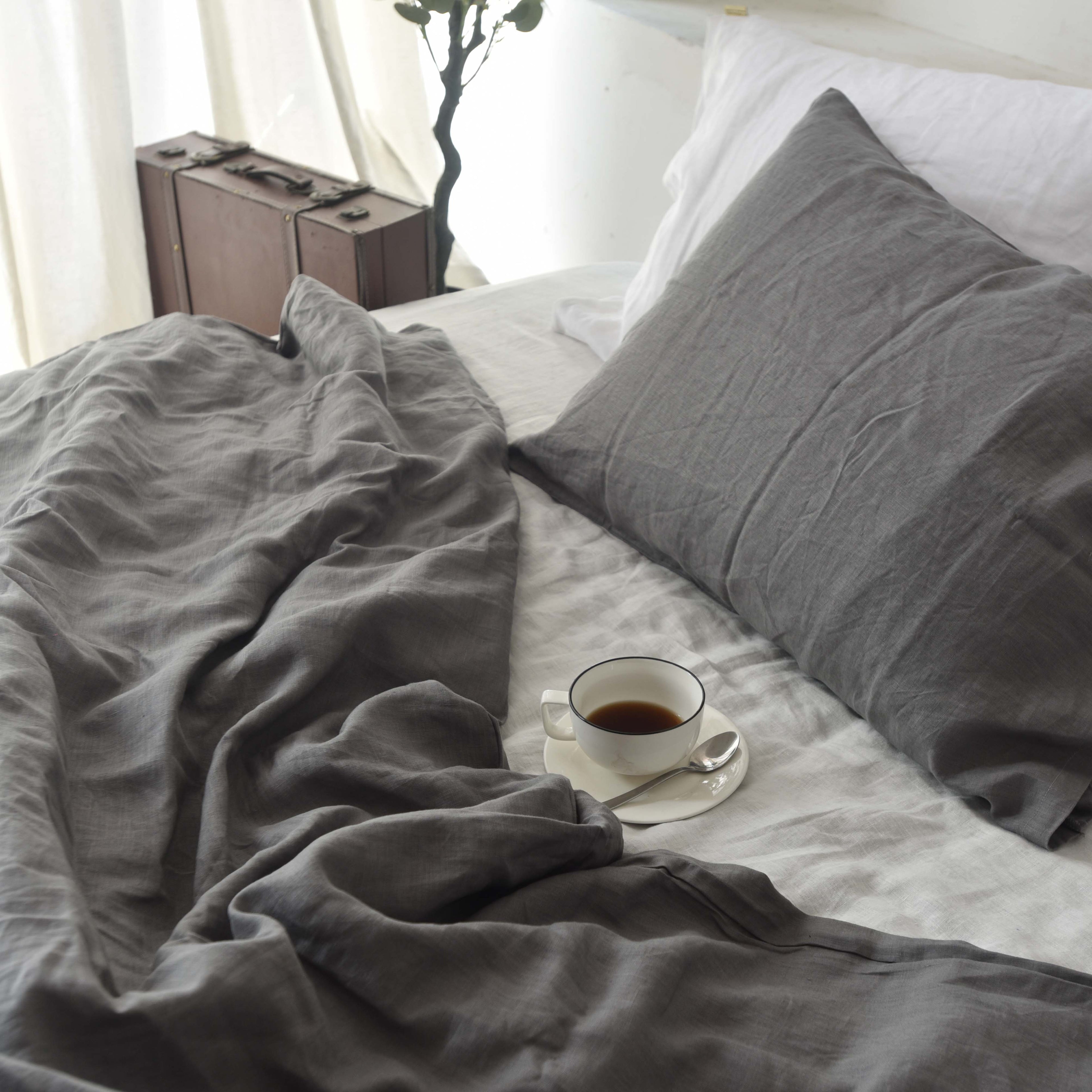 Charcoal French Linen Duvet Cover+2 Pillowcases Set- Plain Dyeing 19