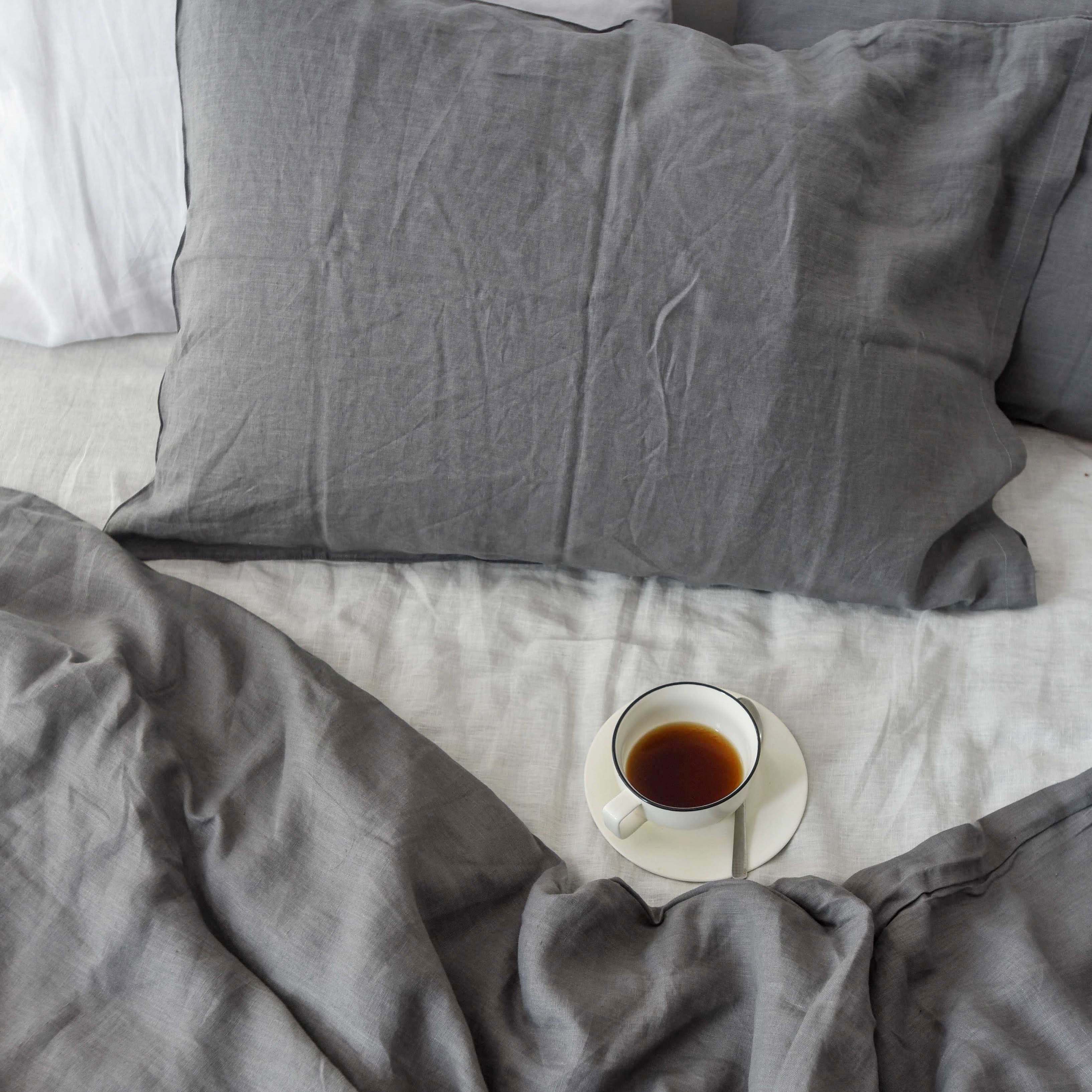Charcoal Gray French Linen Fitted Sheet Set - Deep Pocket with 2 Pillowcases