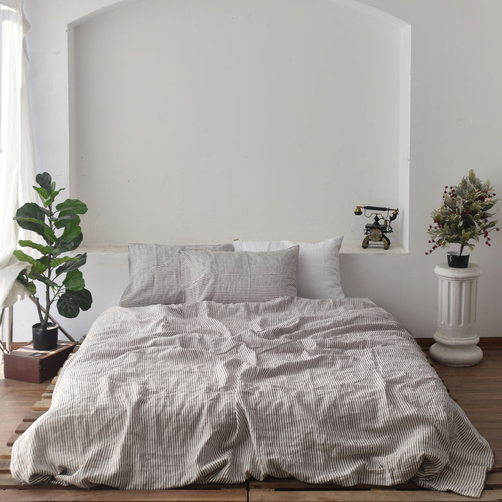 Striped Coffee French Linen Duvet Cover Set - Yarn-Dyed 4-Piece