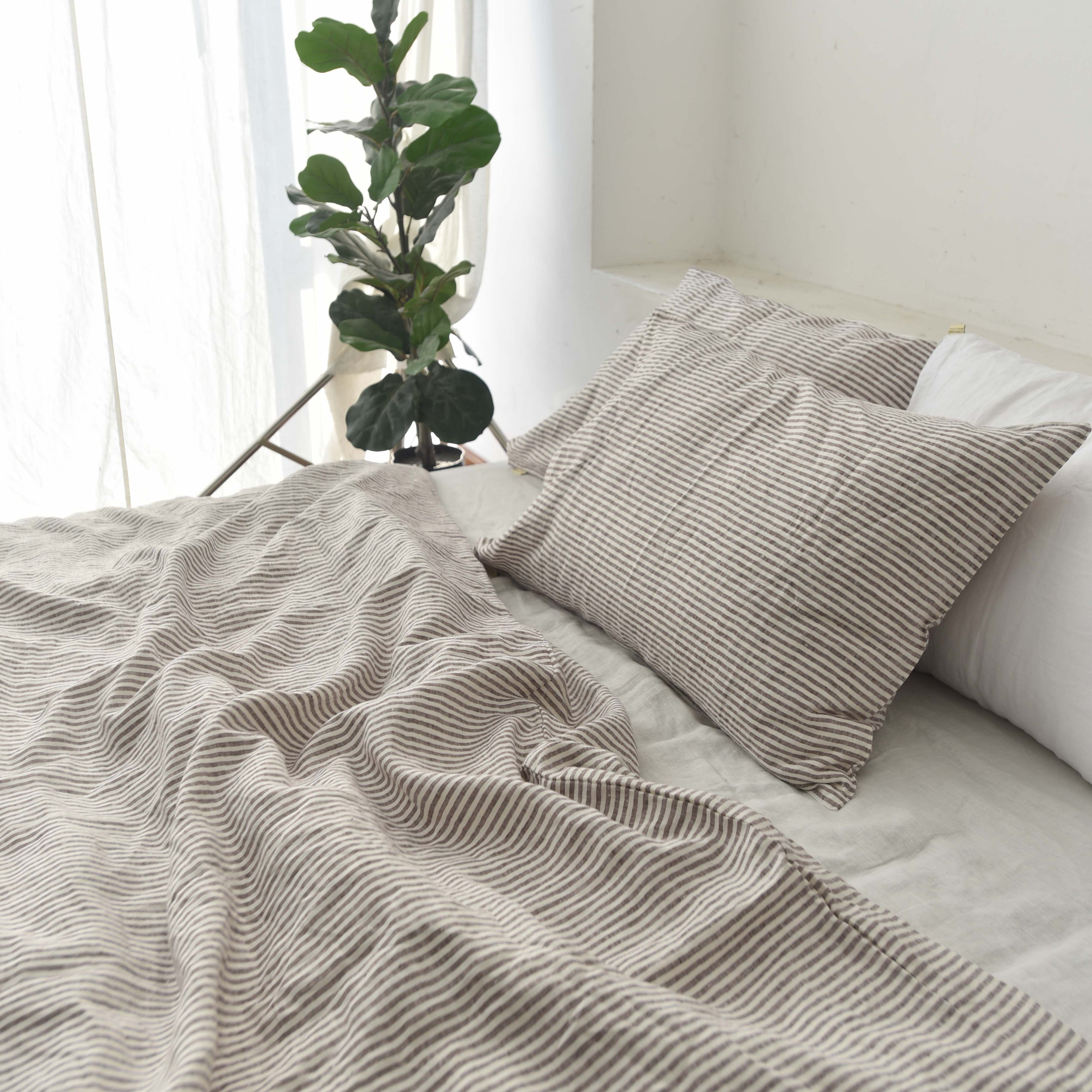 Striped Coffee French Linen Duvet Cover Set - Yarn-Dyed 4-Piece