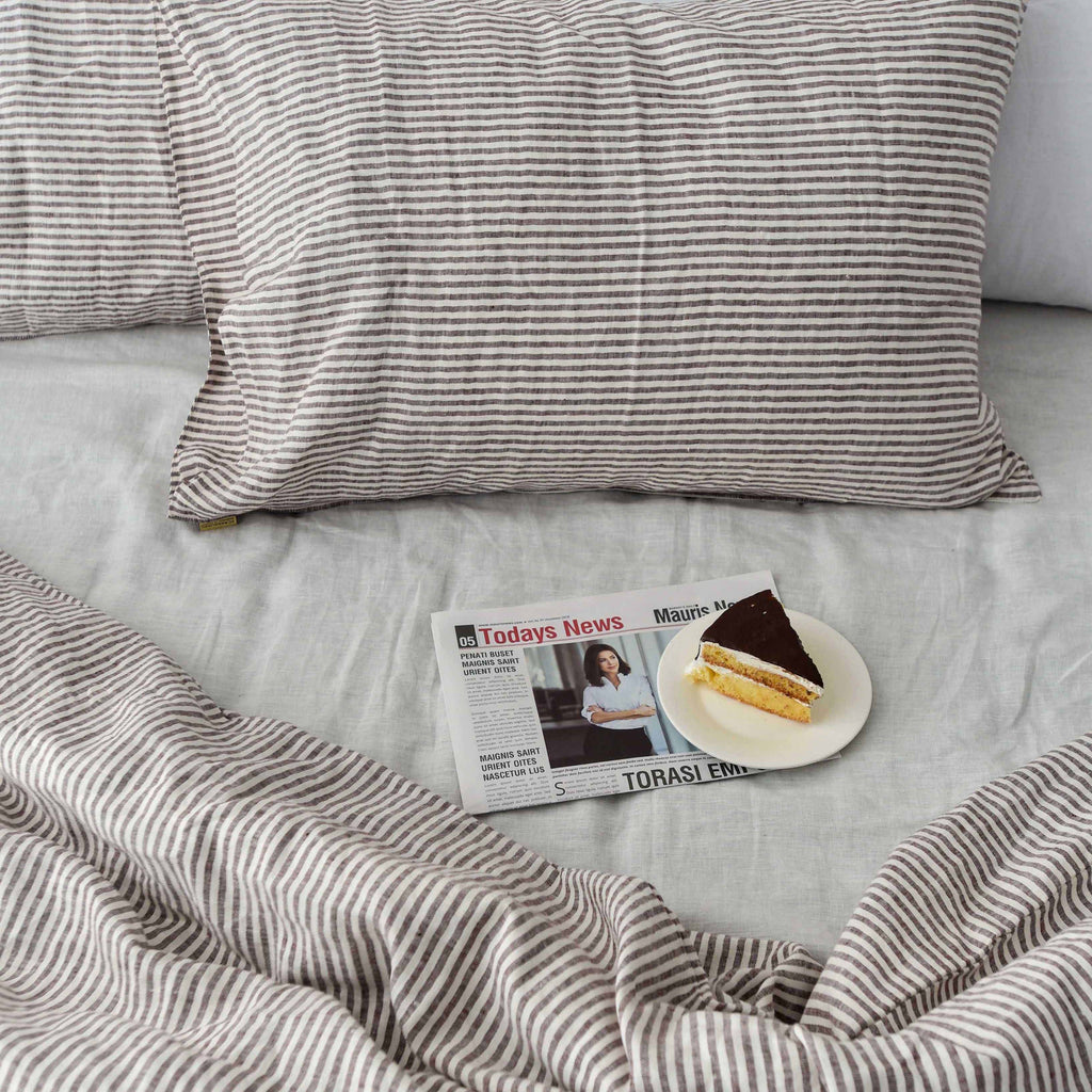 Striped Coffee French Linen Duvet Cover Set - Yarn-Dyed 4-Piece