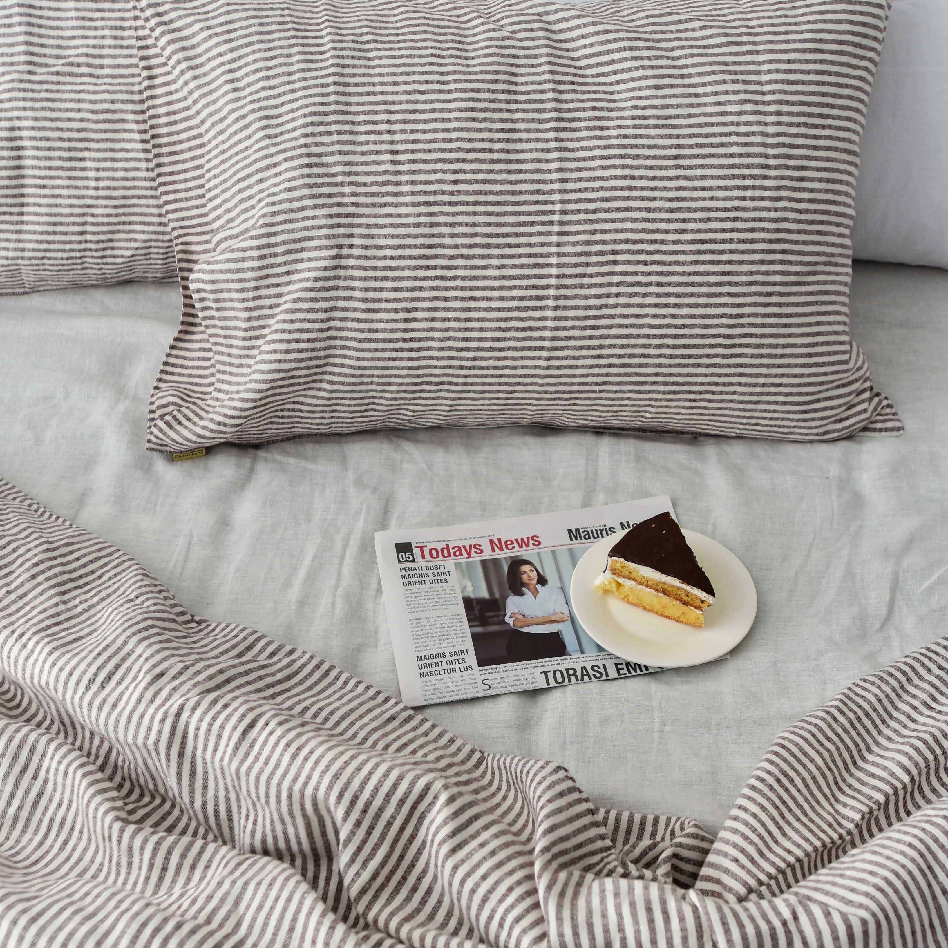 Striped Coffee French Linen Duvet Cover Set - Yarn-Dyed 4-Piece