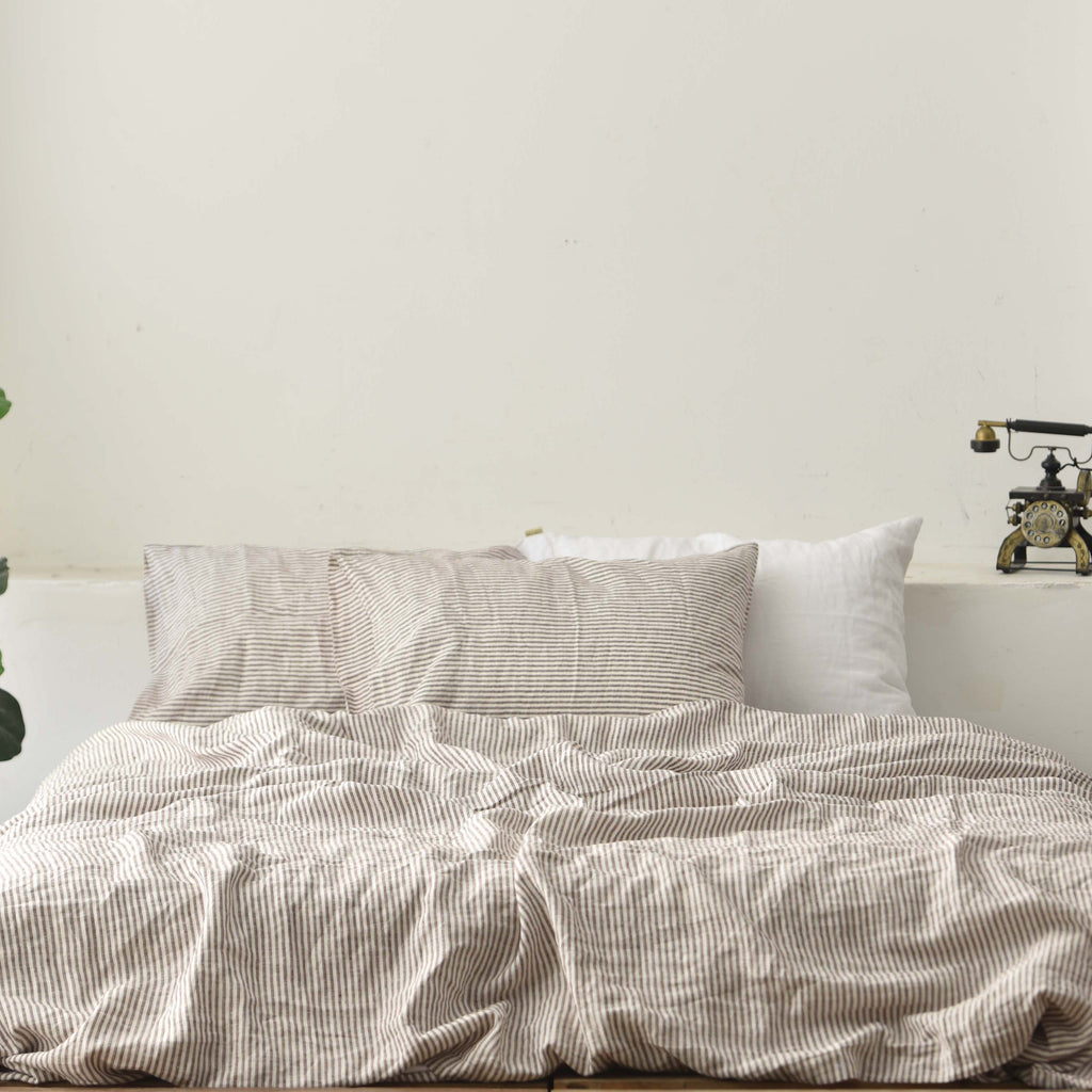 Striped Coffee French Linen Duvet Cover Set - Yarn-Dyed 4-Piece