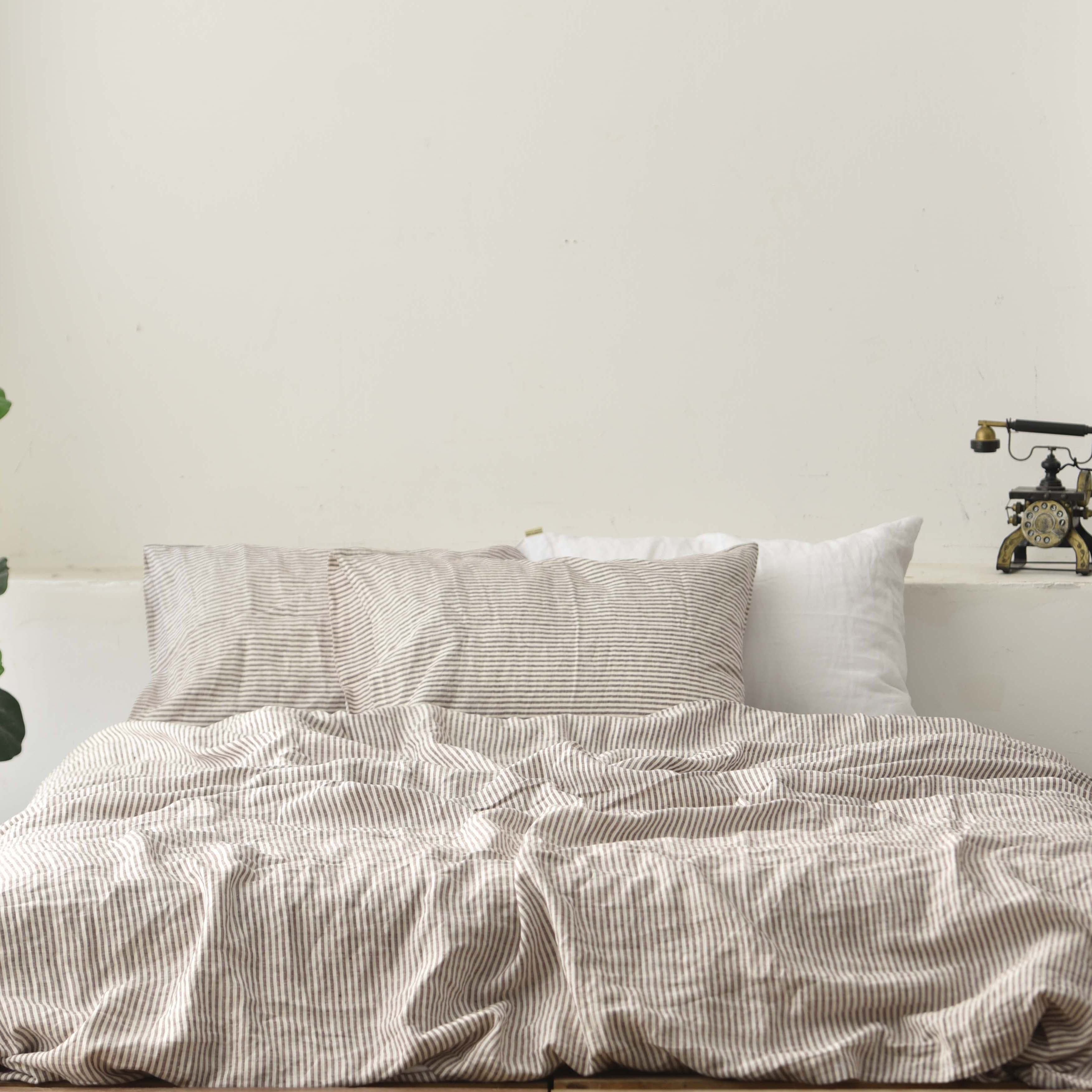Coffee Striped French Linen Duvet Cover | Yarn-Dyed | Handmade