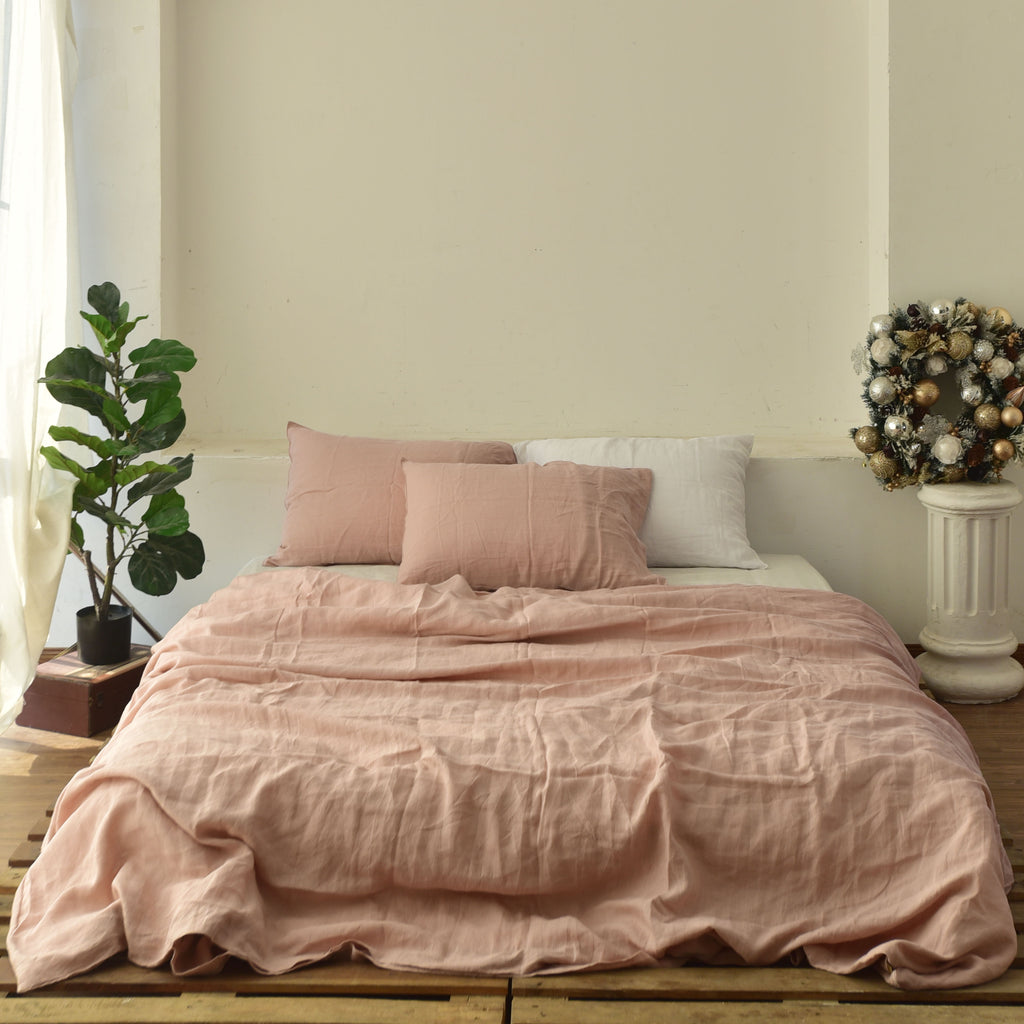 Dusty Pink French Linen Duvet Cover Set - Soft & Breathable 4-Piece