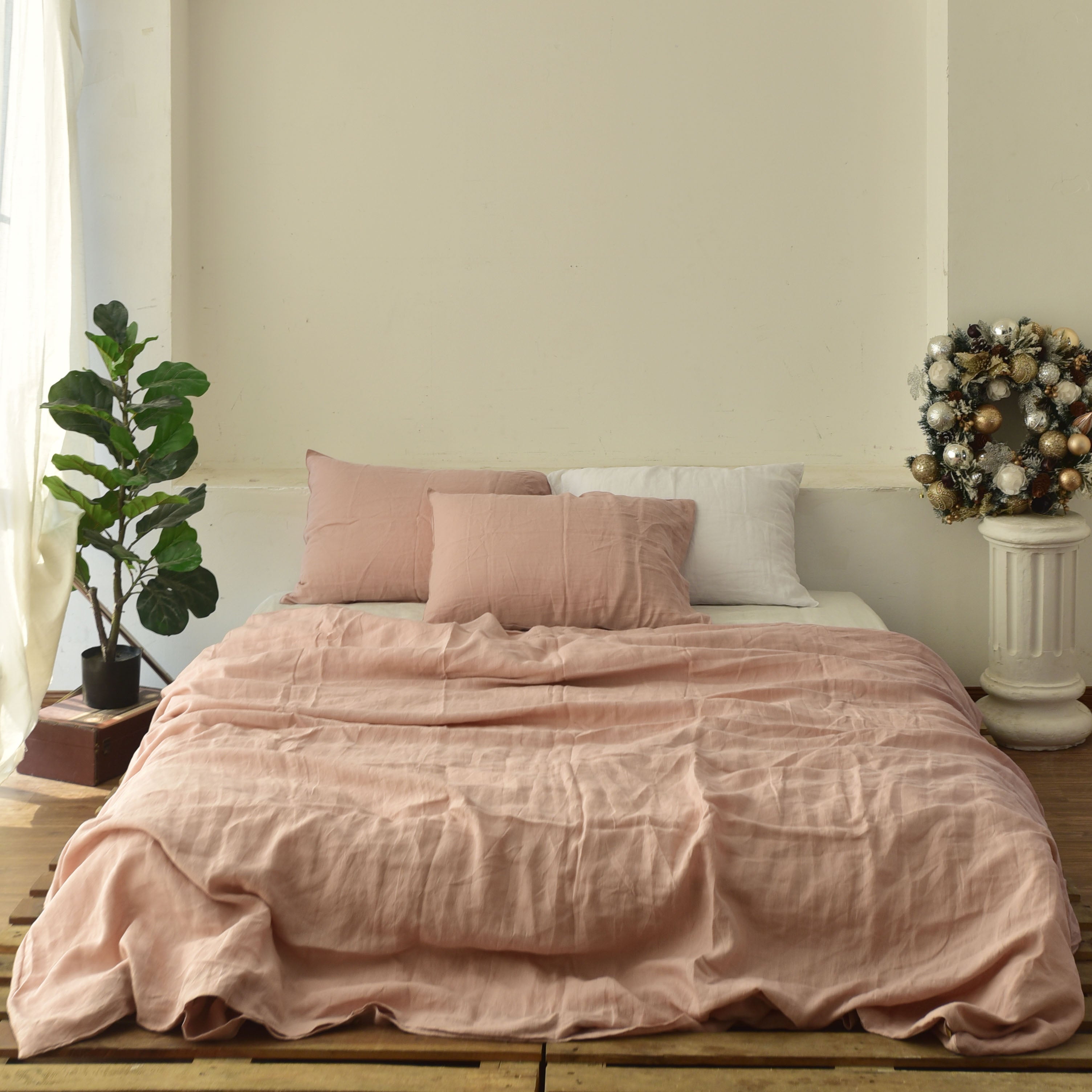 Dusty Pink French Linen Duvet Cover Set - Soft & Breathable 4-Piece