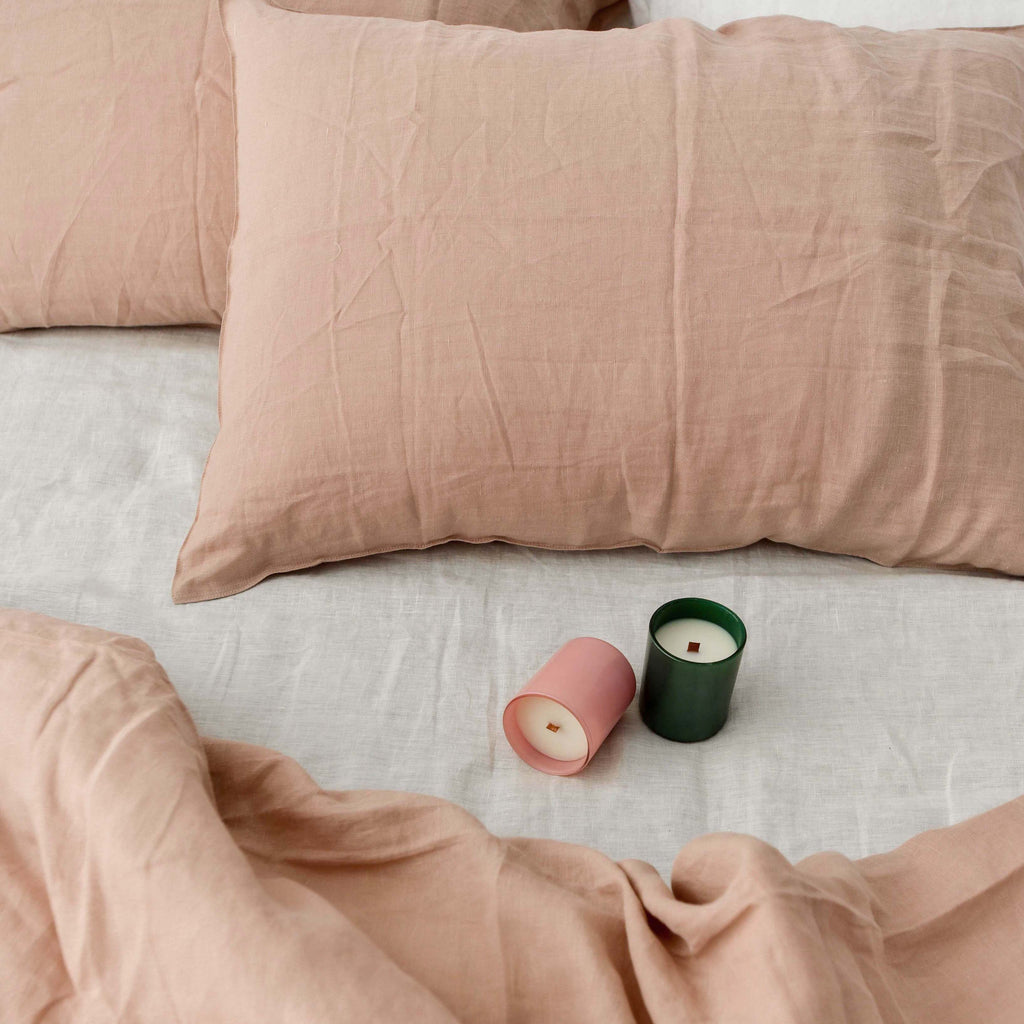 Dusty Pink French Linen Fitted Sheet Set - Deep Pocket with 2 Pillowcases