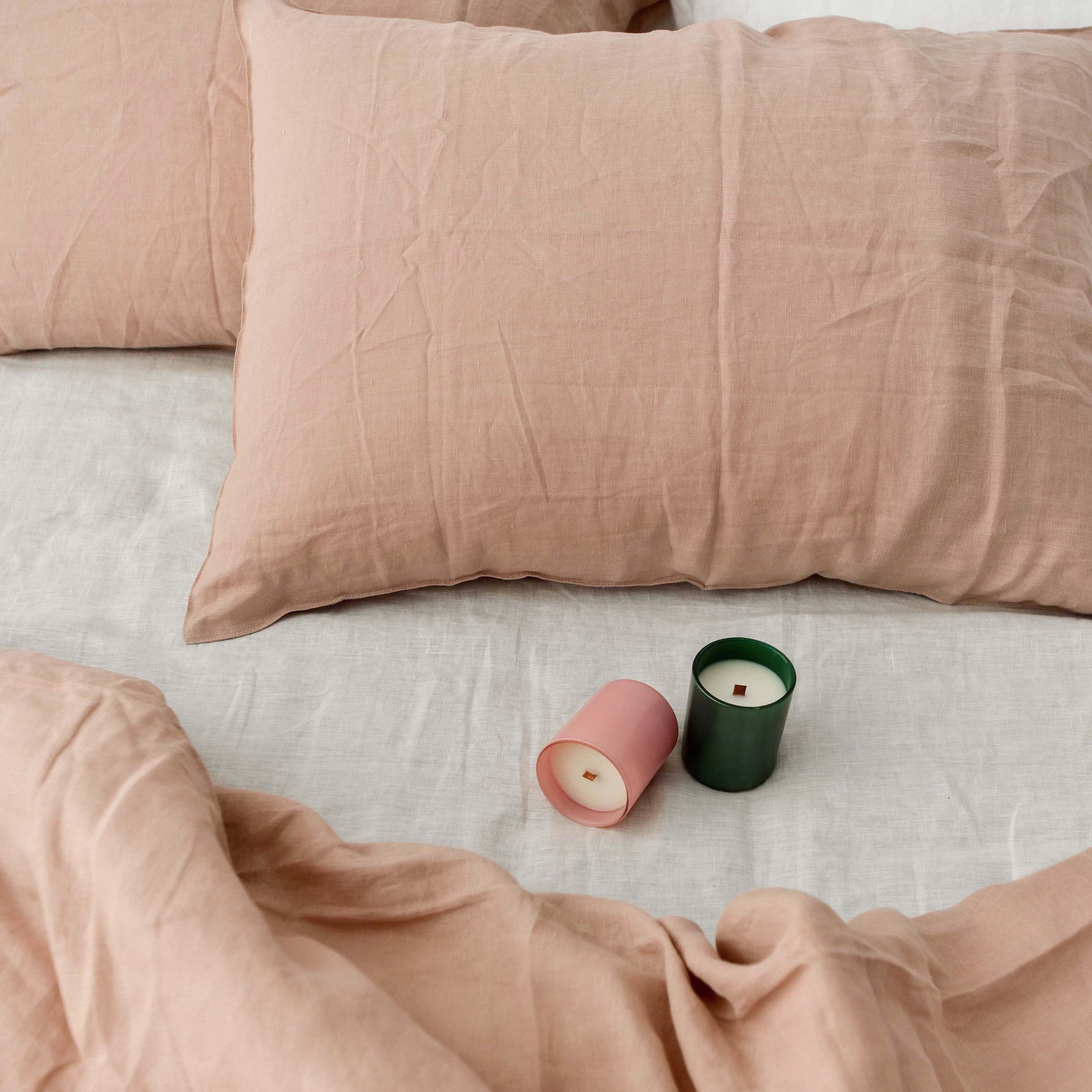 Dusty Pink French Linen Fitted Sheet Set - Deep Pocket with 2 Pillowcases