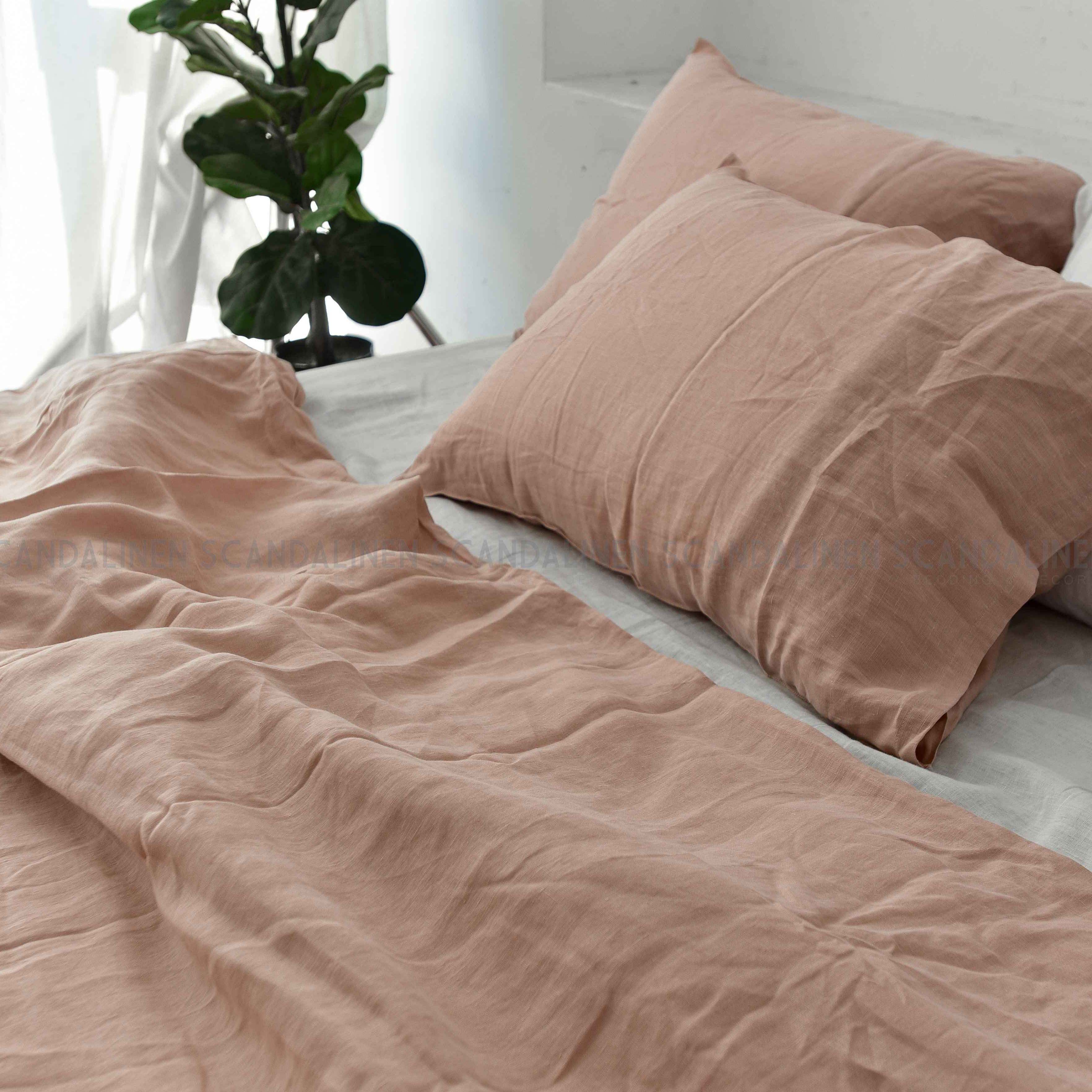 Dusty Pink French Linen Fitted Sheet Set - Deep Pocket with 2 Pillowcases