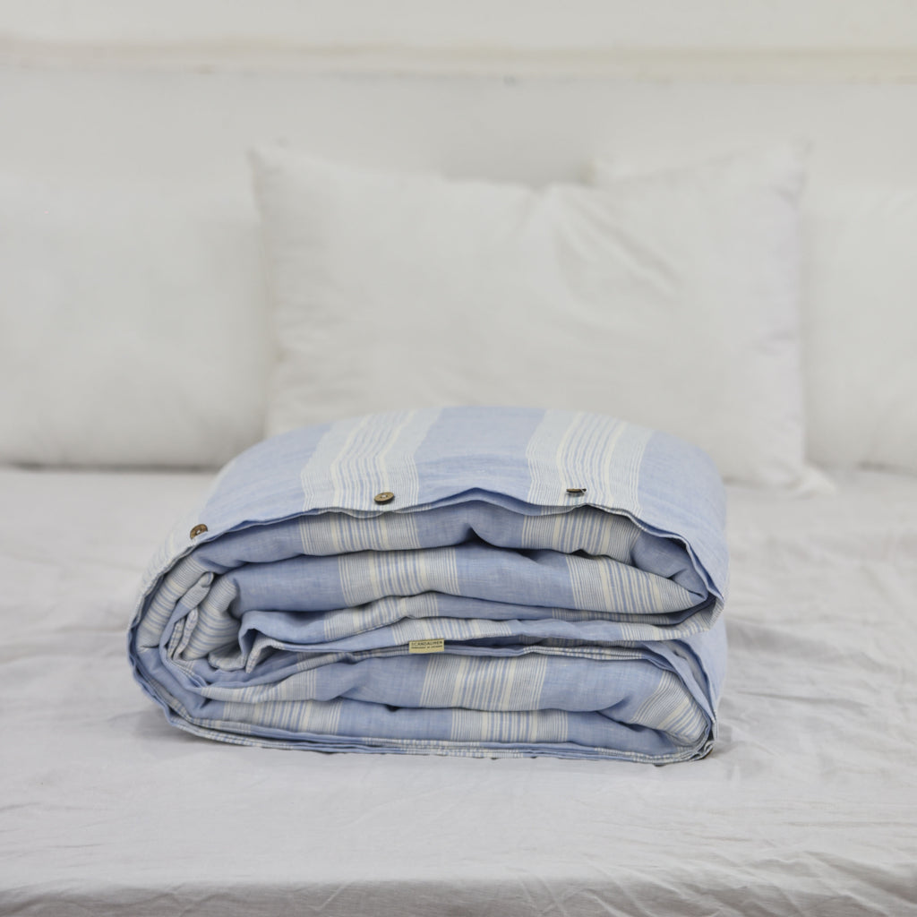 Blue Striped French Linen Duvet Cover | Yarn-Dyed | Handmade