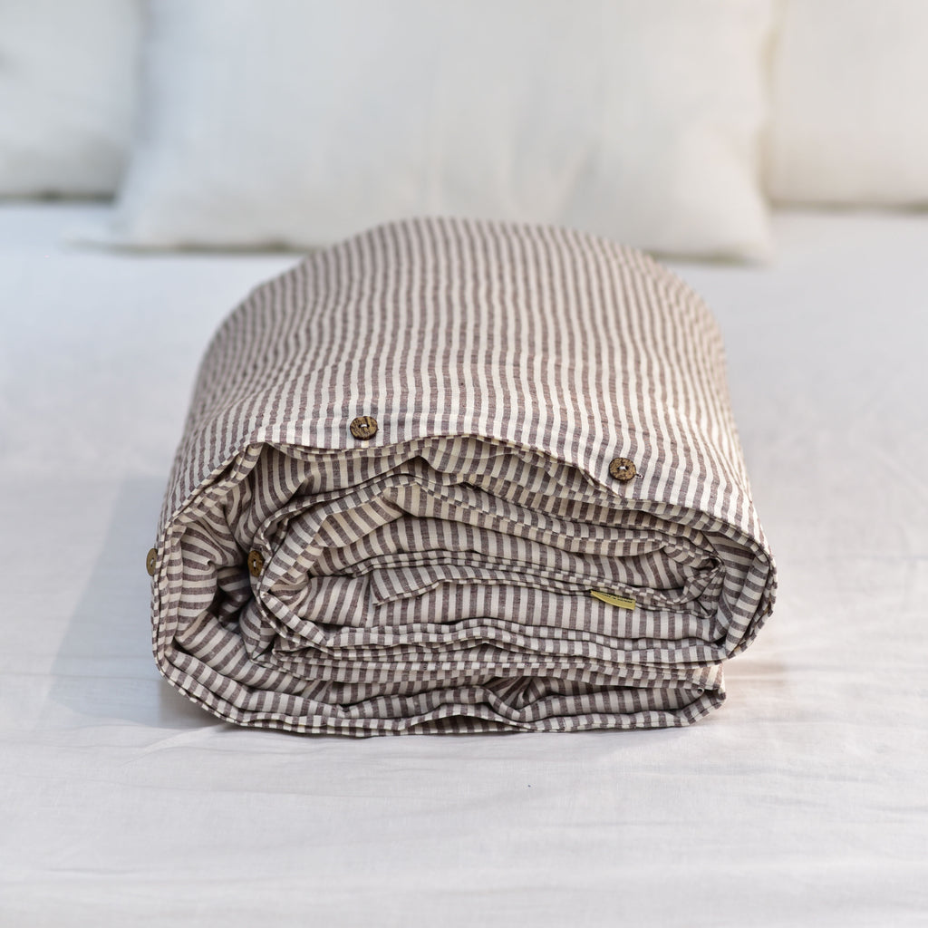 Coffee Striped French Linen Duvet Cover | Yarn-Dyed | Handmade