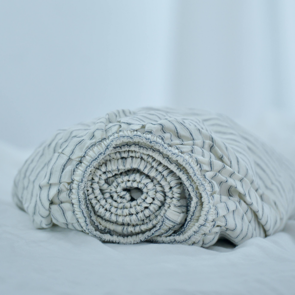 Striped Ivory French Linen Bedsheet | Deep Pocket Fitted Sheet