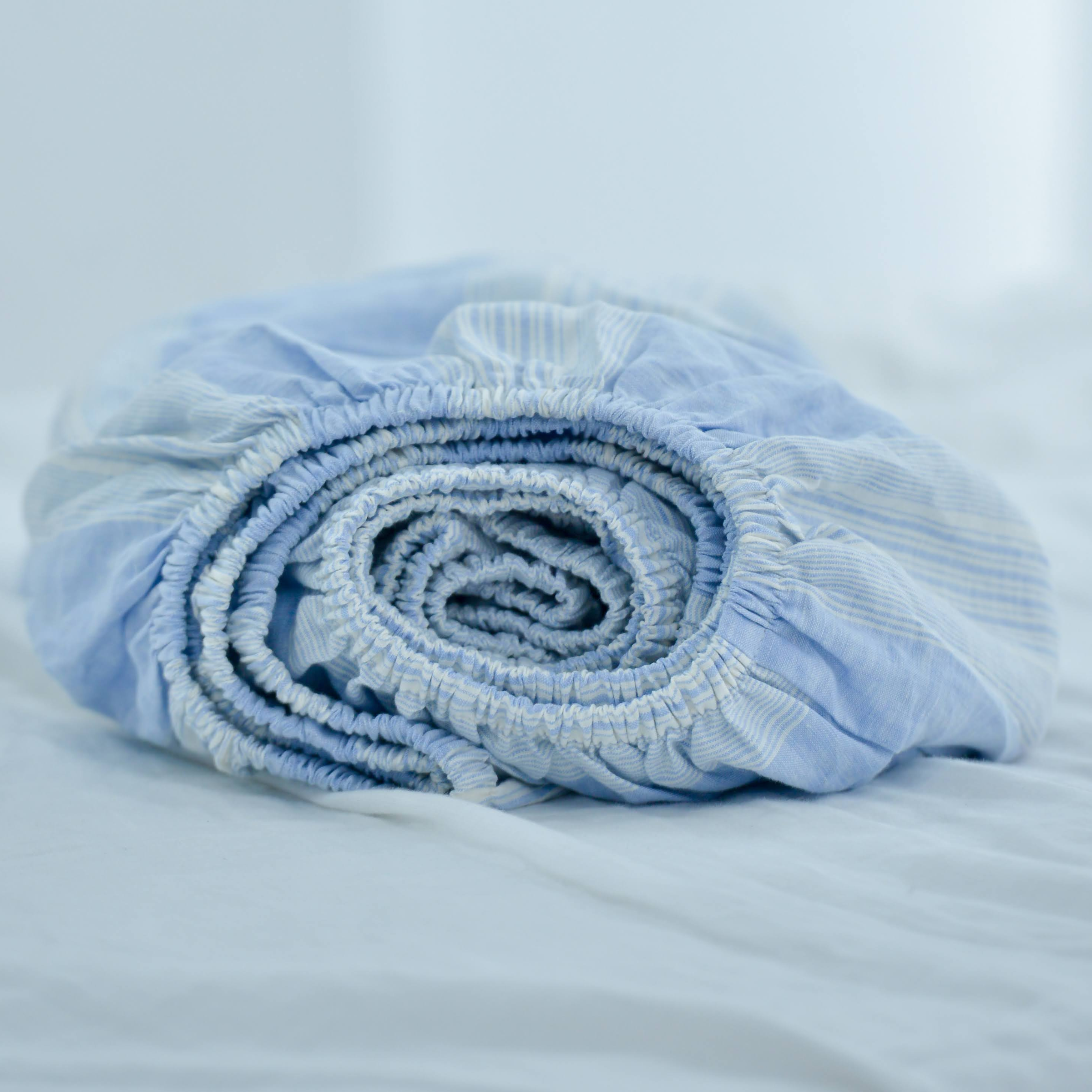 Striped Blue French Linen Fitted Sheet - Yarn-Dyed Deep Pocket