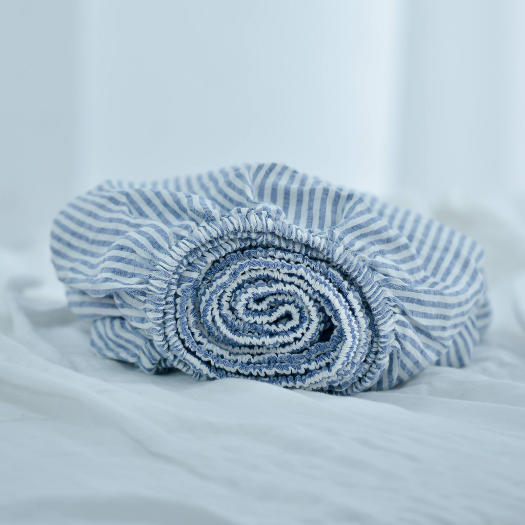 Striped Navy French Linen Fitted Sheet - Yarn-Dyed Deep Pocket