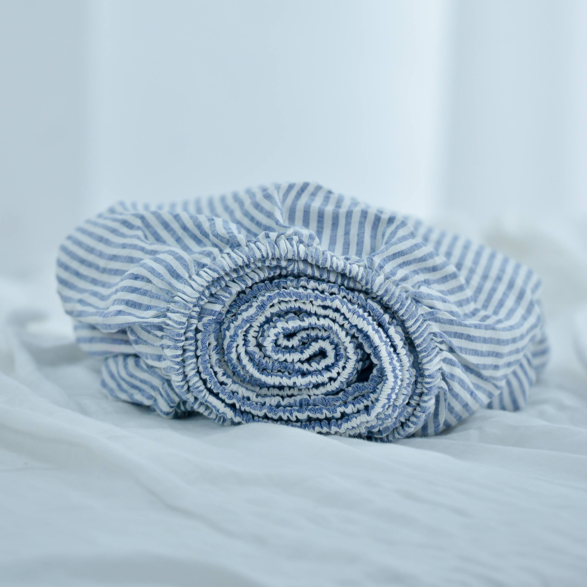Striped Navy French Linen Fitted Sheet - Yarn-Dyed Deep Pocket