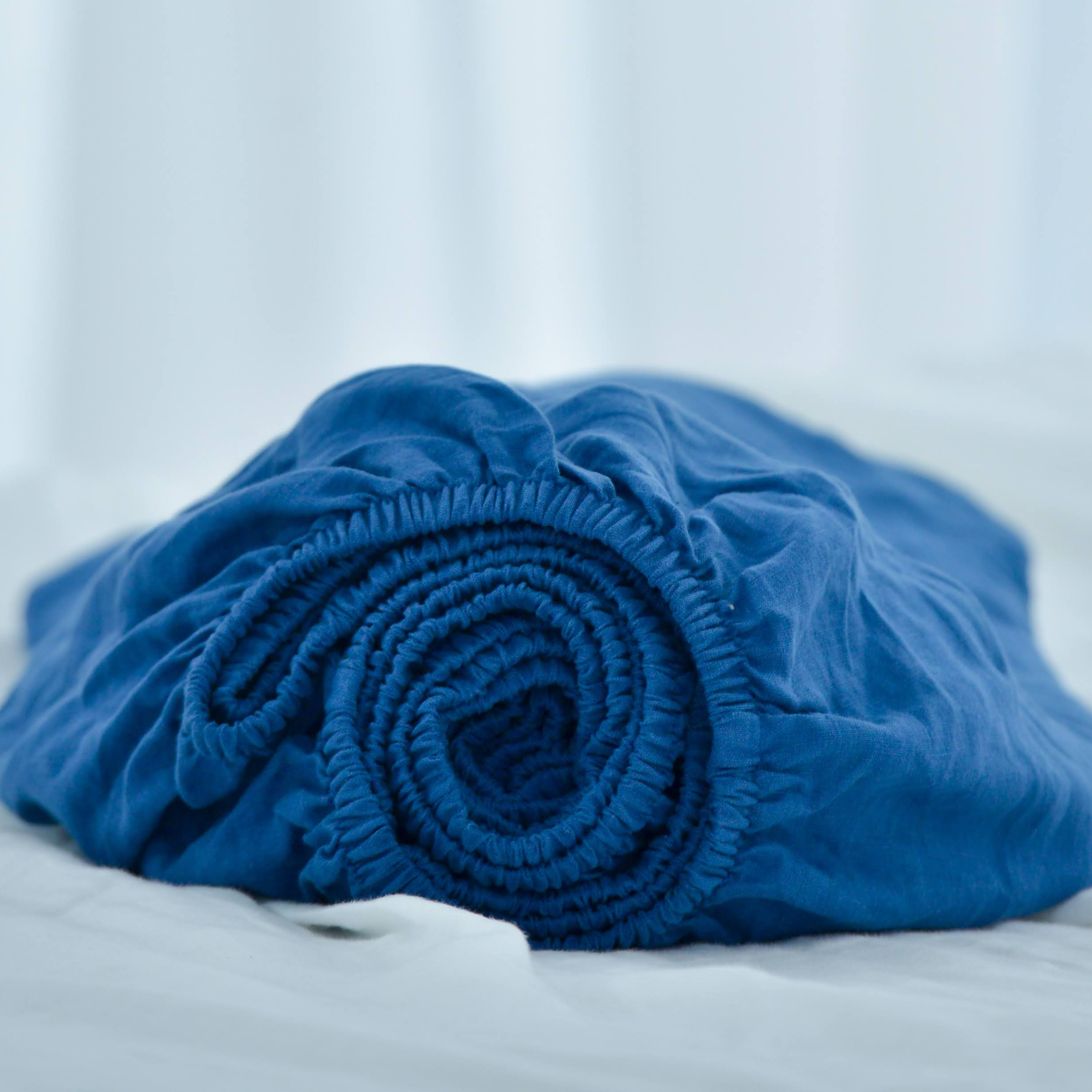 Navy Blue French Linen Fitted Sheet | Premium Linen Bedding