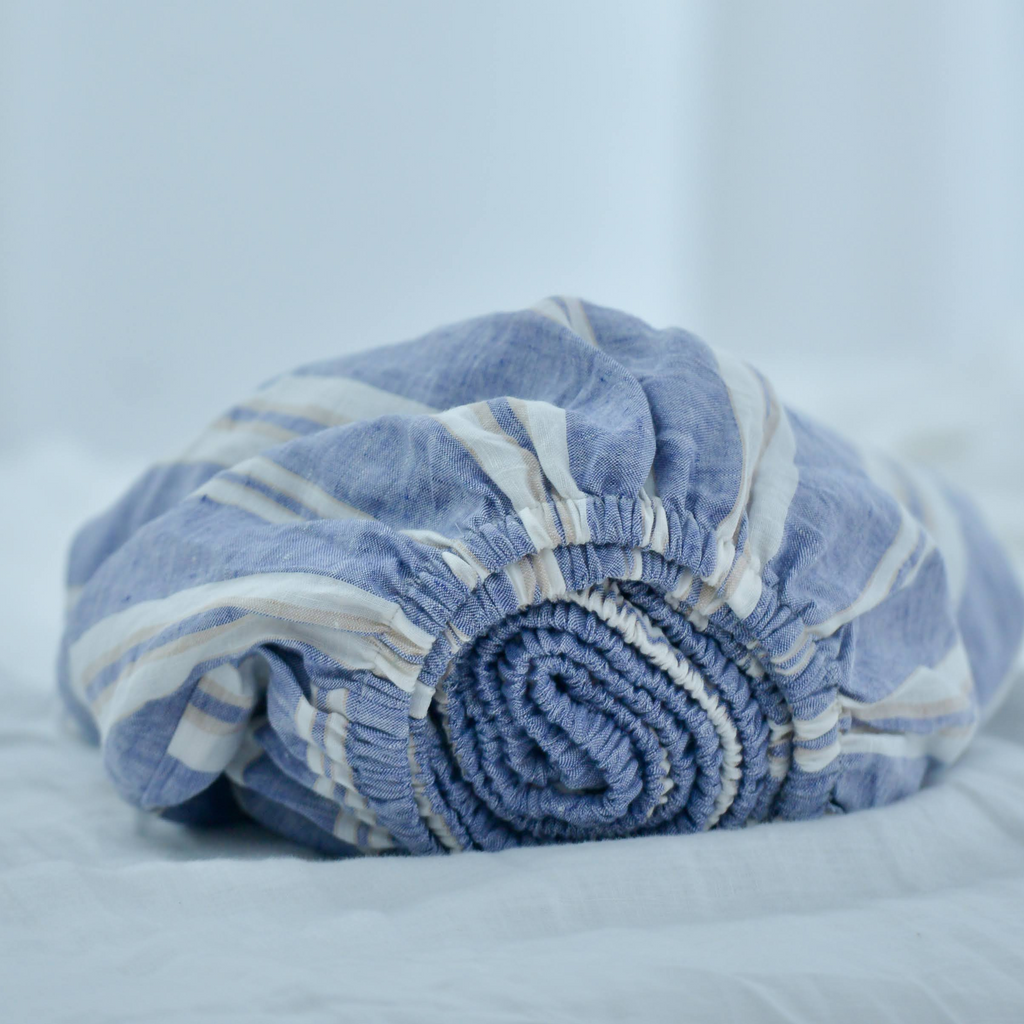 Wide Striped French Linen Fitted Sheet - Yarn-Dyed Deep Pocket