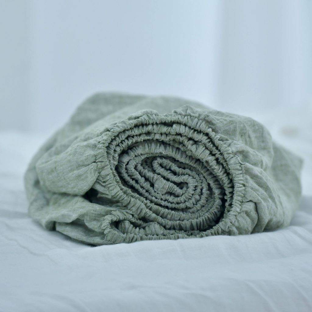 Asparagus Green French Linen Fitted Sheet - Yarn-Dyed Deep Pocket