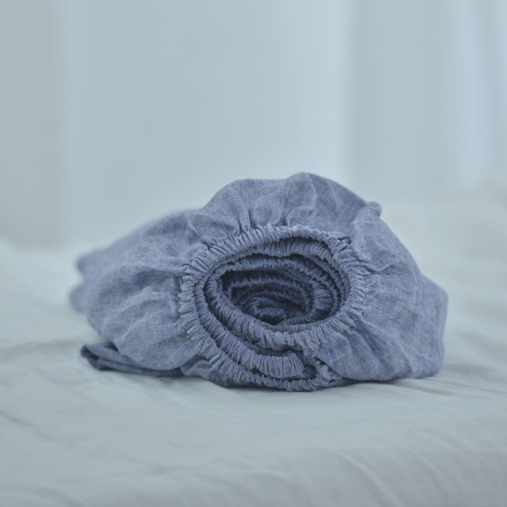 Jean Blue French Linen Fitted Sheet - Yarn-Dyed Deep Pocket