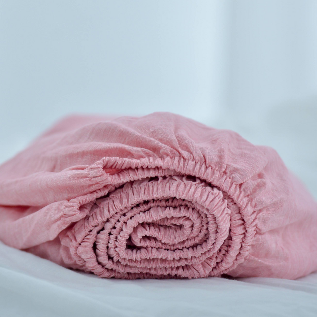 Red Pink French Linen Fitted Sheet - Yarn-Dyed Deep Pocket