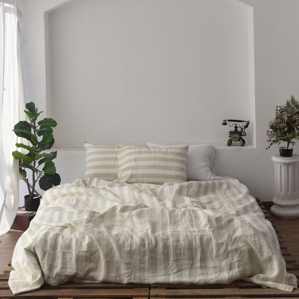 Flax Striped French Linen 4-Piece Duvet Cover Set | Yarn-Dyed | Handmade