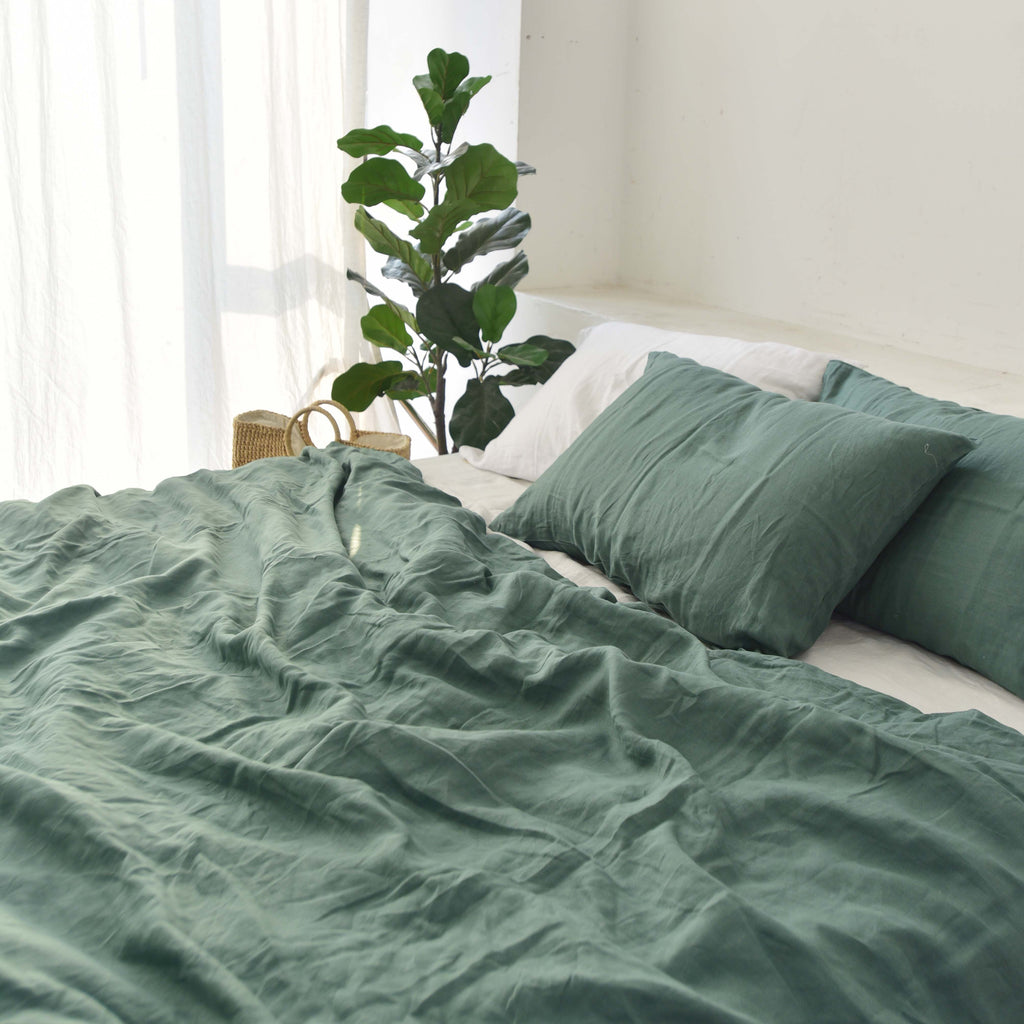 Green French Linen Fitted Sheet Set - Deep Pocket with 2 Pillowcases