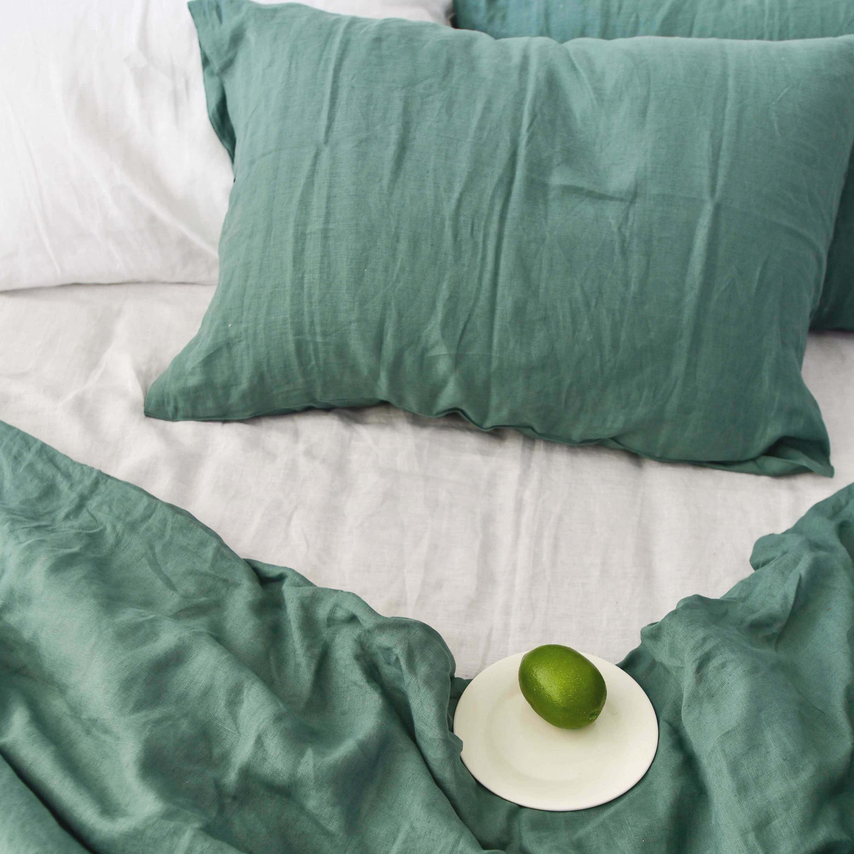 Green French Linen Fitted Sheet Set - Deep Pocket with 2 Pillowcases