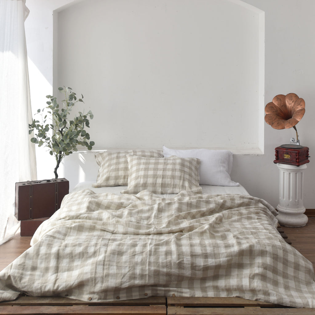 Grid Pattern French Linen Duvet Cover Set - Yarn-Dyed 4-Piece
