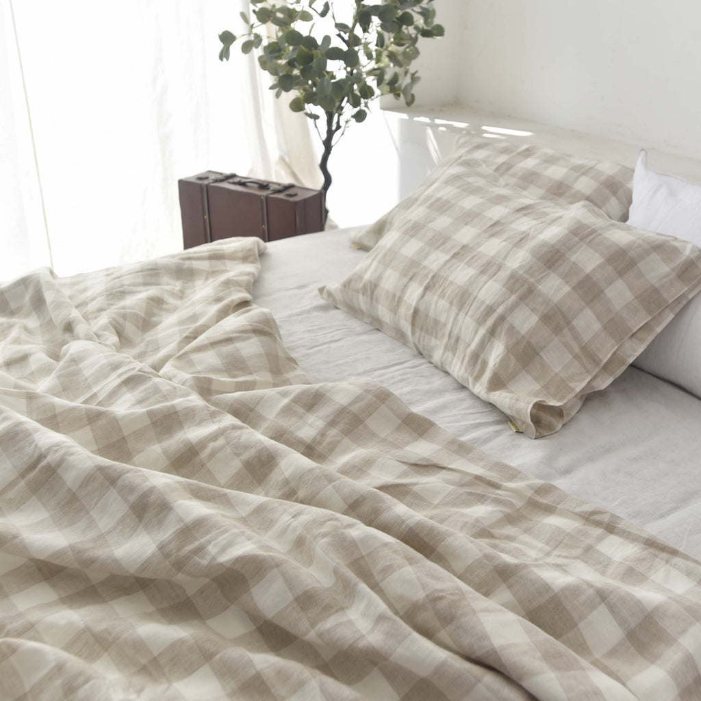 Grid Pattern French Linen Duvet Cover Set - Yarn-Dyed 4-Piece